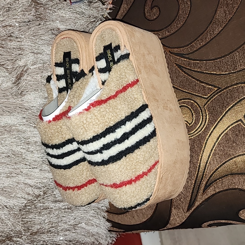 Shoe Republic LA Striped Faux Fur Platform Mules - Tan, Black, Red